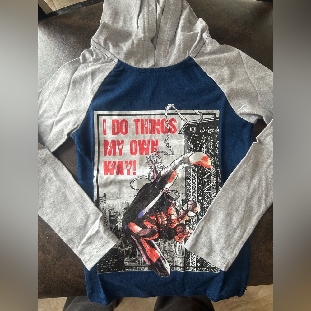 MARVEL SPIDER-MAN TODDLER HOODED TEE: GRAY/BLUE: NWOT: SZ 2T